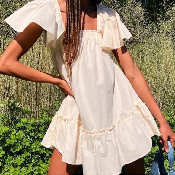 Free People Imogene Ivory Cotton Square Neck Flutter sleeve mini dress size XS - Picture 1 of 8